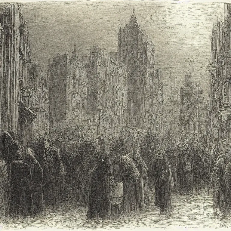 Image similar to some people waiting in a lone bus stop in qiet dark city, by Gustave Doré