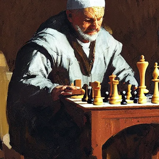 Image similar to portrait of man in medieval clothes playing chess, detailed by greg manchess, craig mullins, bernie fuchs, walter everett