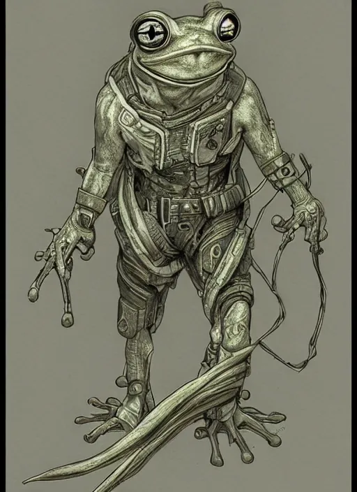 Image similar to cyberpunk frog, concept art, colorized pencil, highly detailed, Akihiko Yoshida