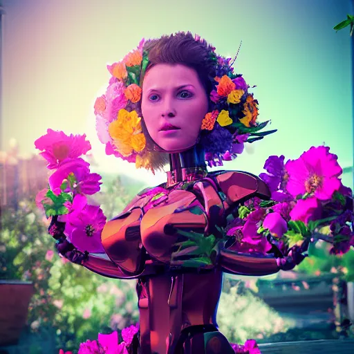 Image similar to futurustic female robot made of the most beautiful flowers , bouquets, fisheye lens, unreal 5, DAZ, hyperrealistic, octane render, dynamic lighting