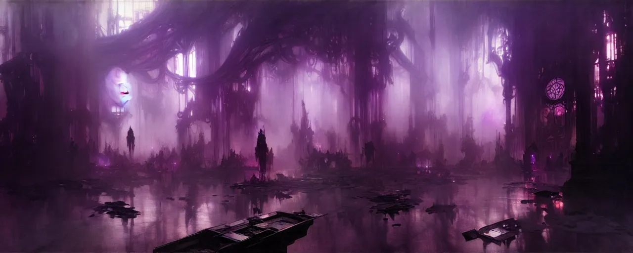 Image similar to purple heaven, intricate concept art, ethereal, ominous, dramatic lighting, Ruan Jia and Jeremy Mann and Alphonse Mucha