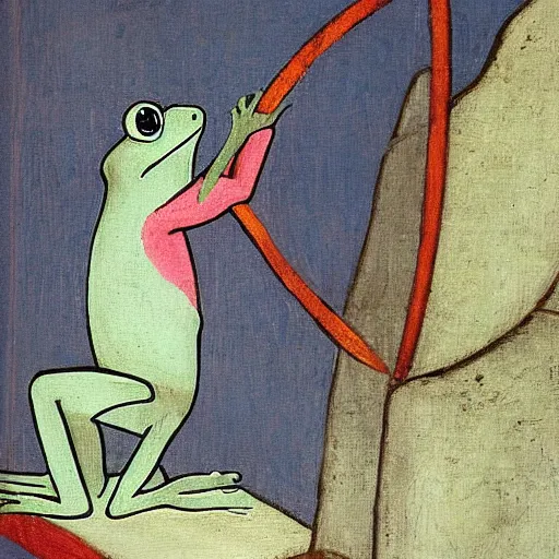 Image similar to frog watching tv, medieval painting,