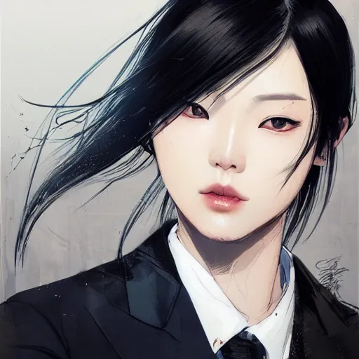 Image similar to portrait of a beautiful korean girl wearing a men's tuxedo, with bangs, very long hair and bangs, angular features, angry expression, dramatic lighting, illustration by Greg rutkowski, yoji shinkawa, 4k, digital art, concept art, trending on artstation