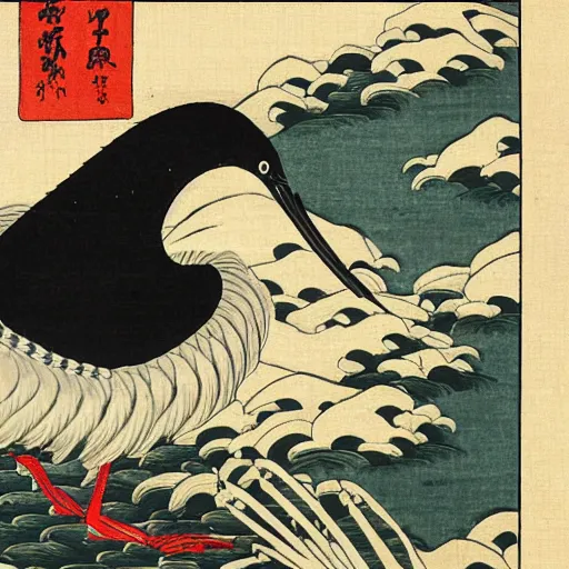 Image similar to 鶴 crane, in the style of hokusai, ukiyo-e