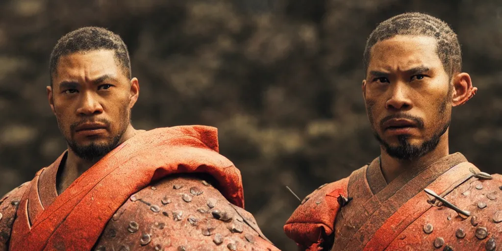 Image similar to a film still of a light skinned black man starring as an ancient samurai in a japanese blockbuster film, the sky is red, shallow depth of field, cinematic, award winning cgi, vfx, film still