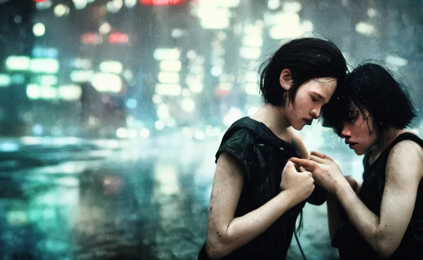 Image similar to cinestill 5 0 d candid photographic portrait by stanley kubrick of two loving female androids sobbing wearing rugged black mesh techwear in treacherous city waters, medium closeup, retrofuturism cyberpunk moody emotional cinematic, pouring iridescent rain bright spotlight, 8 k, hd, high resolution, 3 5 mm, f / 3 2, ultra realistic faces, ex machina