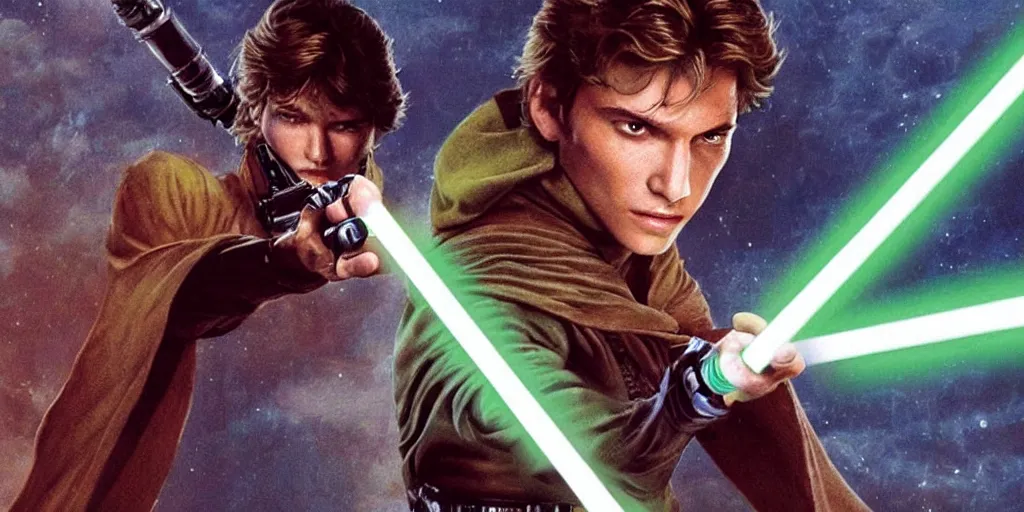 Prompt: jacen solo holding his green lightsaber in a fighting pose during the yuuzhan vong war