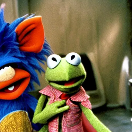 Prompt: movie still of the muppet movie featuring sonic the hedgehog as a muppet, by jim henson.