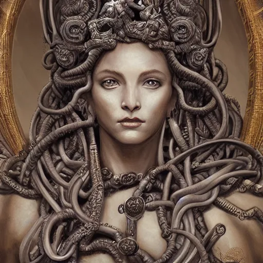 Image similar to intricate detailed artwork of medusa sat on a throne. concept art, artstation, deviantart, cgsociety. 4 k