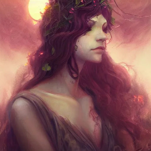 Image similar to portrait of a dryad, inspired by brian froud, inspired by dungeons and dragons, mysterious, fierce expression, yellow catlike eyes, in an evening autumn forest, trending on art station, sunset evening lighting, anime, ominous shadows by jessica rossier