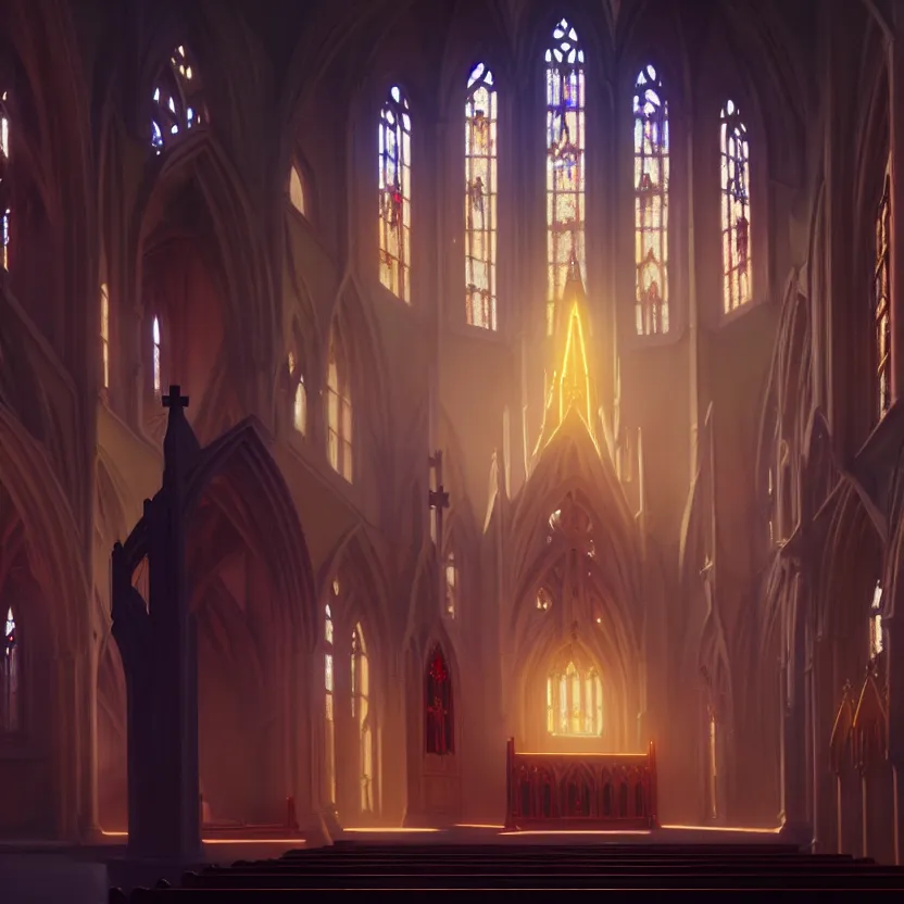 Image similar to curch with altar in glory light, digital painting, greg rutkowski, artstation, cinematic, matte painting