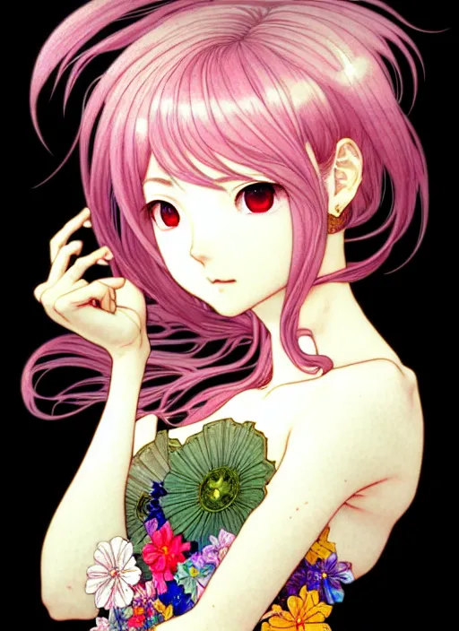 Image similar to exquisite imaginative manga portrait art of vampries girl, flowers, pearlescent, shimmering, reflective, rim light, clear face, detailed background, by kojima ayami, shigenori soejima, minaba hideo, alphonse mucha, art nouveau, illustration, pivix, concept art, highly detailed, colorful, maximalist