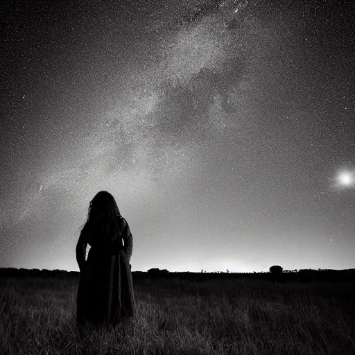 Image similar to A beautiful conceptual art of a woman with long flowing hair, wild animals, and a dark, starry night sky. by Rui Palha cosy