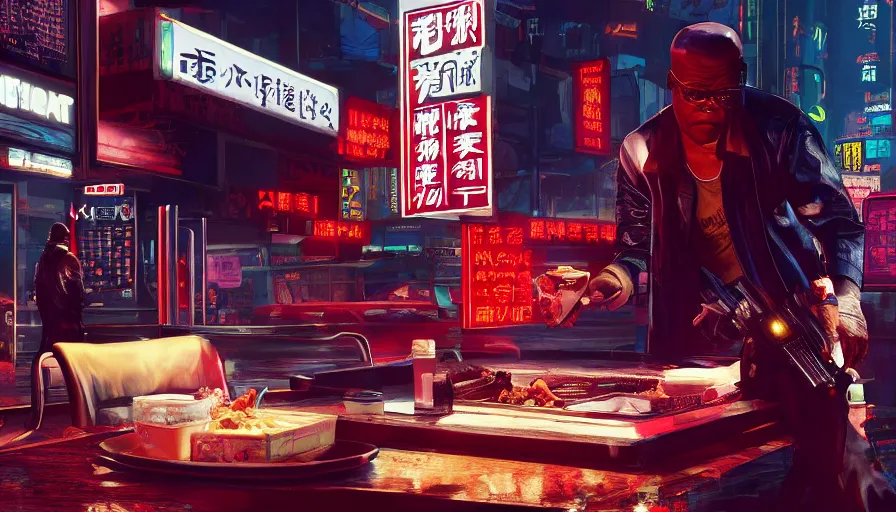 Image similar to samuel l jackson in night city eating chinese takeaway with johnny silverhand, cyberpunk 2 0 7 7, rendering, wallpaper, concept art, digital art