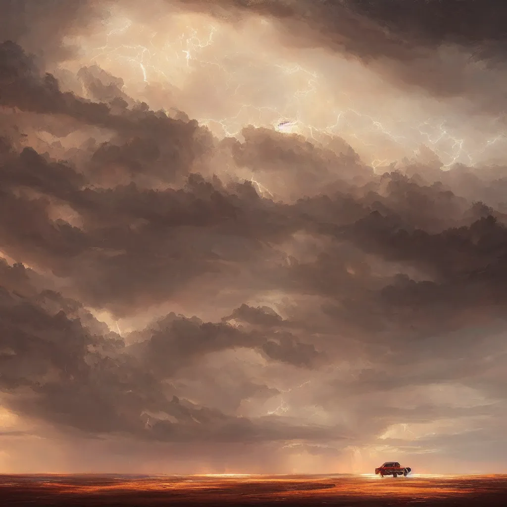 Image similar to beautiful oil painting of a thunderstorm in the desert, greg rutkowski, trending on artstation