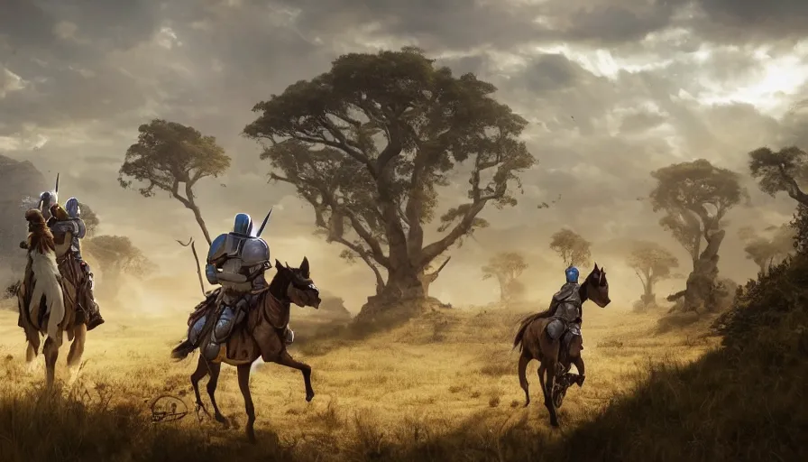 Prompt: mandalorian riding a horse through madagascar with baobabs trees, tribe members chasing for an attach, action scene, an epic fantasy, artgerm and greg rutkowski and alphonse mucha, an epic fantasy, volumetric light, detailed, establishing shot, an epic fantasy, cinematic, photorealistic, ultrarealistic, trending on art station, octane render, midsommar