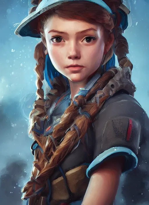 Image similar to a portrait digital painting of a young girl that looks a bit like aloy from horizon : new dawn. she's wearing a mechanics uniform and has been working on some large machinery. painted by artgerm, ross tran.