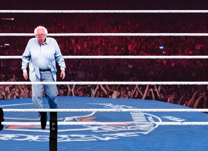 Image similar to photo still of bernie sanders in the ring at wwe wrestlemania 3 6!!!!!!!! at age 7 8 years old 7 8 years of age!!!!!!! posing on top turn buckle, 8 k, 8 5 mm f 1. 8, studio lighting, rim light, right side key light