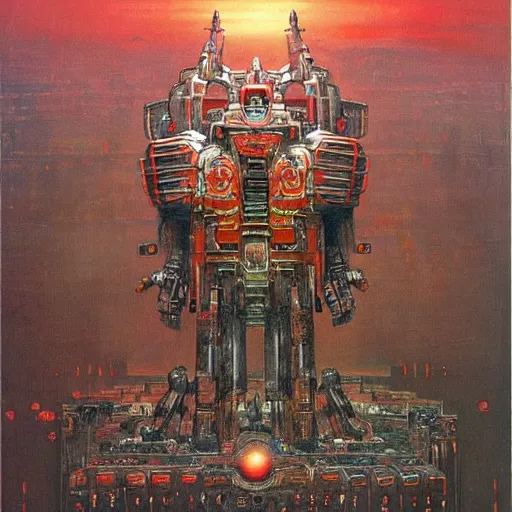 Image similar to giant mayan mecha with flaming eyes standing over city, perfectly clear face, by j. c. leyendecker and beksinski