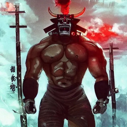 Prompt: very buff very huge very muscolar excessively big buff samurai wearing a scary Oni mask. Cybernetic cyber cybernetic cyber cyberpunk. Sci-fi movie still