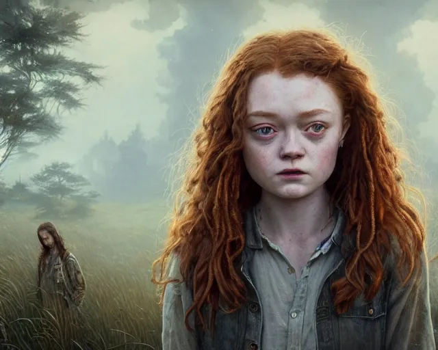 Image similar to highly detailed portrait of sadie sink, in the walking dead, stephen bliss, unreal engine, fantasy art by greg rutkowski, loish, rhads, ferdinand knab, makoto shinkai and lois van baarle, ilya kuvshinov, rossdraws, tom bagshaw, global illumination, radiant light, detailed and intricate environment