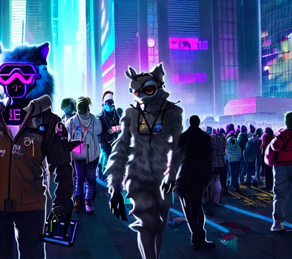 Image similar to high - resolution photograph from a cyberpunk era furry fandom convention ( midwest furfest 2 0 4 7 ), taking place after the genetic revolution and singularity. photorealistic.