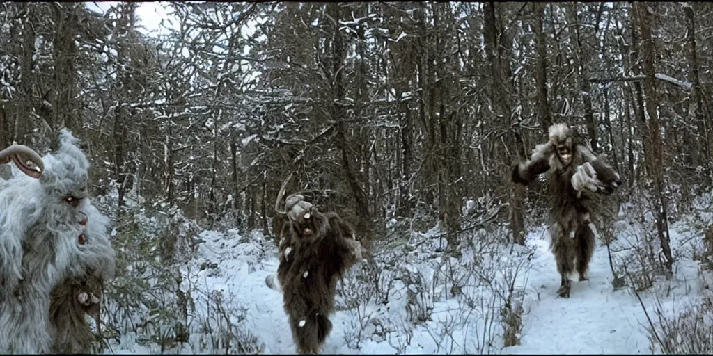 Image similar to trailcam footage of krampus in an alpine forest