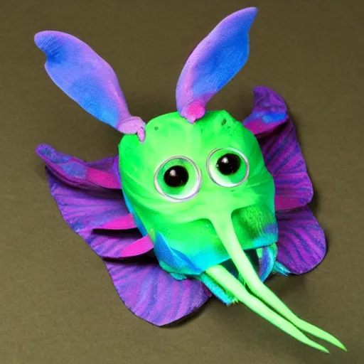 Image similar to a humanoid stop motion rosy maple moth squid hybrid puppet designed by tim burton