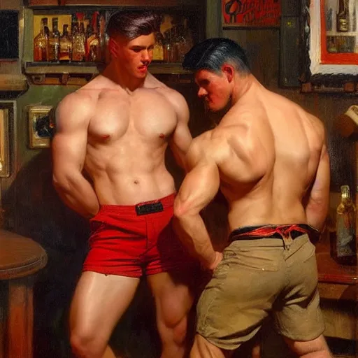 Image similar to attractive muscular male with red hair, shorts, and muscular attractive male with black hair, pants, drinking their hearts out, in a pub. very defined and highly detailed painting by j. c. leyendecker, gaston bussiere, craig mullins 8 k