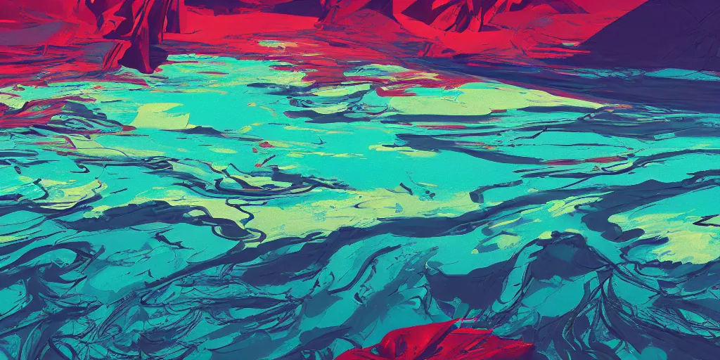 Image similar to abstract 3d landscape painting with a river at noon by james jean and David Schnell painted in no mans sky style, redshift, octane