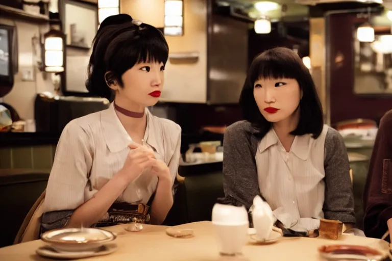 Prompt: movie interior closeup beautiful Japanese model lesbian couple closeup sitting and talking at 50s diner, night in the city, beautiful skin, by Emmanuel Lubezki