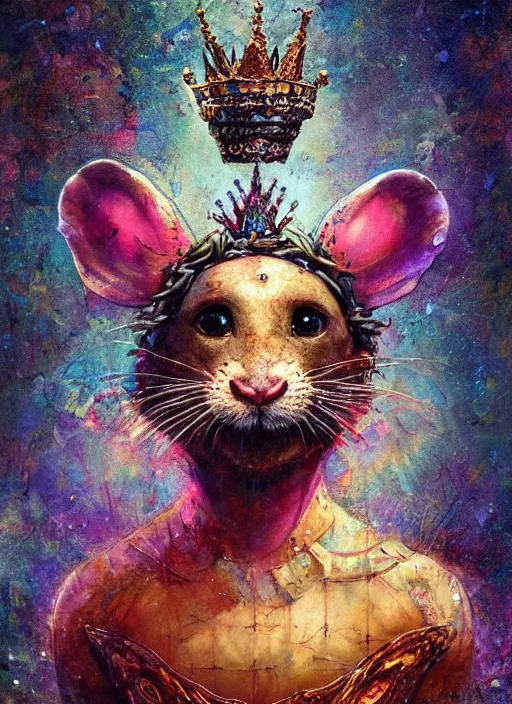 Prompt: a humanoid animal king mouse with a crown, atmospheric beautiful by stanley artgerm, tom bagshaw, arthur adams, carne griffiths, trending on deviant art, street art, chillwave, maximalist, full of color, glittering, 8 k, hd