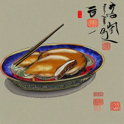 Image similar to beijing roast duck, digital art, style of traditional chinese painting