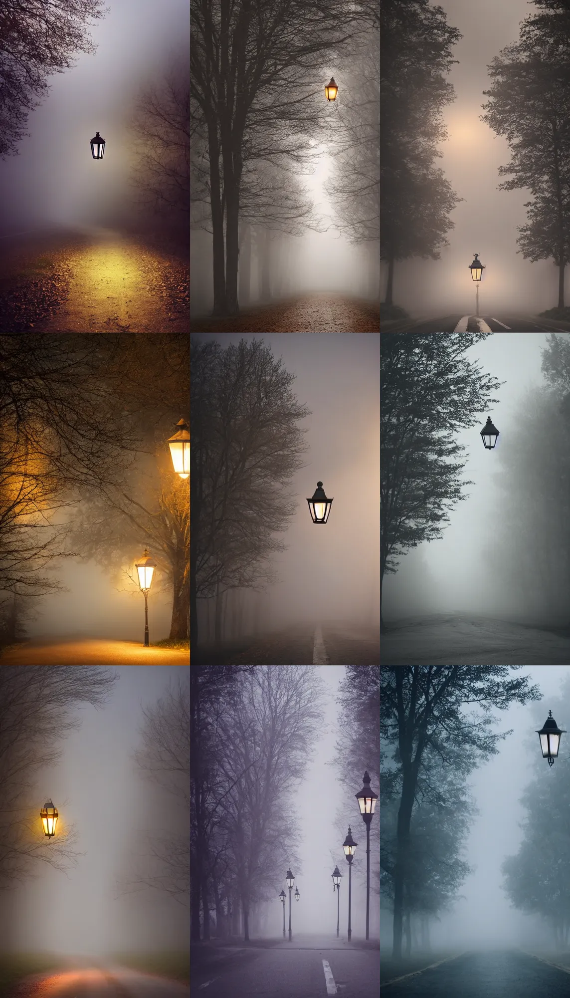 Prompt: town, little fog, lantern, road, soft light, fantasy