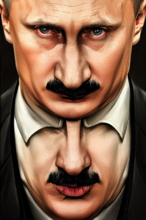 Image similar to vladimir putin as hitler, realistic portrait, symmetrical, highly detailed, digital painting, artstation, concept art, smooth, sharp focus, illustration, cinematic lighting, art by artgerm and greg rutkowski and alphonse mucha