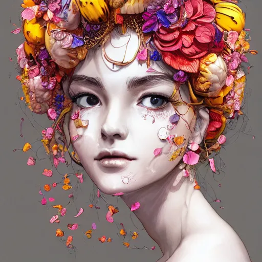 Prompt: the portrait of an absurdly beautiful, graceful, elegant, and perky young woman made of bananas and petals, an ultrafine detailed illustration by kim jung gi, irakli nadar, intricate linework, bright colors, octopath traveler, final fantasy, angular, unreal engine 5 highly rendered, global illumination, radiant light, detailed and intricate environment