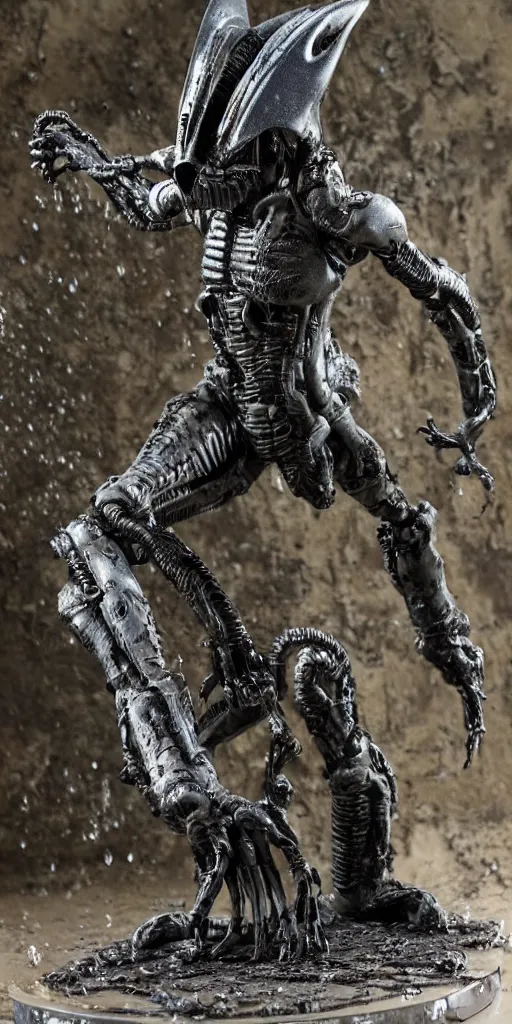 Image similar to bootleg figure of a plastic platinum xenomorph diorama laying on the mud, secondhand, water drips rain stormcloud by Luis Royo, mcfarlane, cursed photography, middle shot
