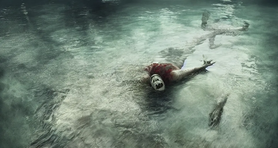 Prompt: highly detailed full body portrait of a zombie swimming underwater in a zombie - apocalypse, in a swimming pool, by greg rutkowski, octane render