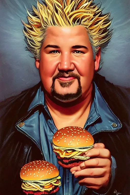 Image similar to centered beautiful detailed front view portrait of guy fieri with ornate burgers growing around, ornamentation, burgers, elegant, beautifully soft lit, by'phil hale '!!'leyendecker '!!! wayne barlowe, peter mohrbacher, kelly mckernan,