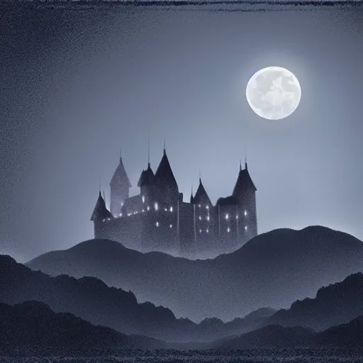 Image similar to silhouette of a castle on misty mountains, digital art, highly detailed, beautiful, calm, full moon