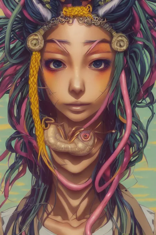 Image similar to portrait of an anime manga girl with floating yellow snake dreads, straight on, by artgerm, james jean, tom bagshaw, gerald brom, vaporwave colors, lofi colors, vaporwave, lofi, goth vibe, 4 k, smooth, hd, substance designer render, full body character concept art, symmetrical,