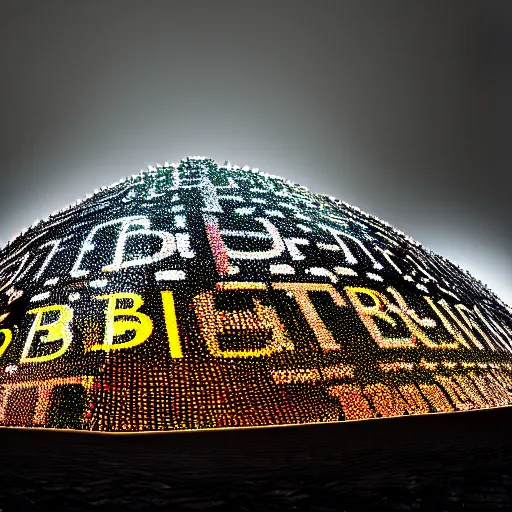 Image similar to a mountain made out of computer screens that display bitcoin logos, cinematic, post apocalyptic landscape, harsh contrast lighting, in the style of photorealism, made by richard estes robert cottingham gerhard richter robert longo ellen altfest