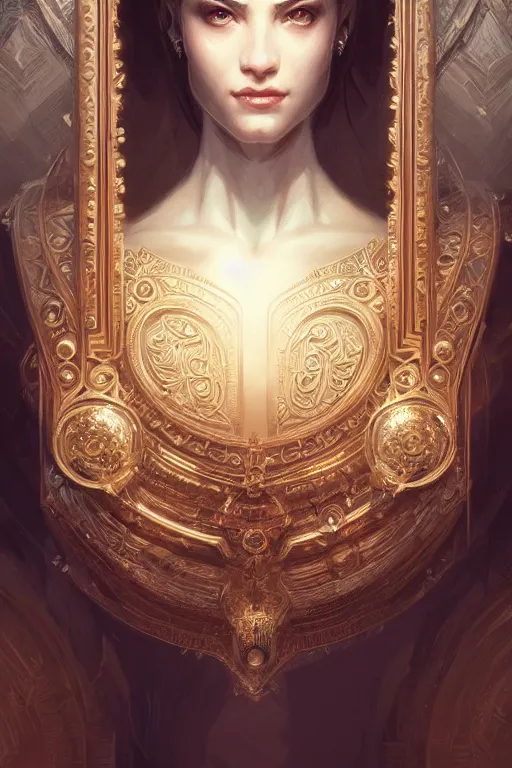 Image similar to highly detailed portrait of an elegant goddess, ornate crown, beautiful symmetrical face, digital painting, artstation, concept art, smooth, clear focus, illustration, greg rutkowski, artgerm, global lighting, detailed and fantasy