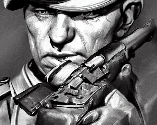 Prompt: A soldier aiming a gun, hateful face, world war 1, close-up, realistic face, beautiful face detail, mature facial features, black and white, amazing digital art, hyper detailed, artstation, in the style of Tony Sart