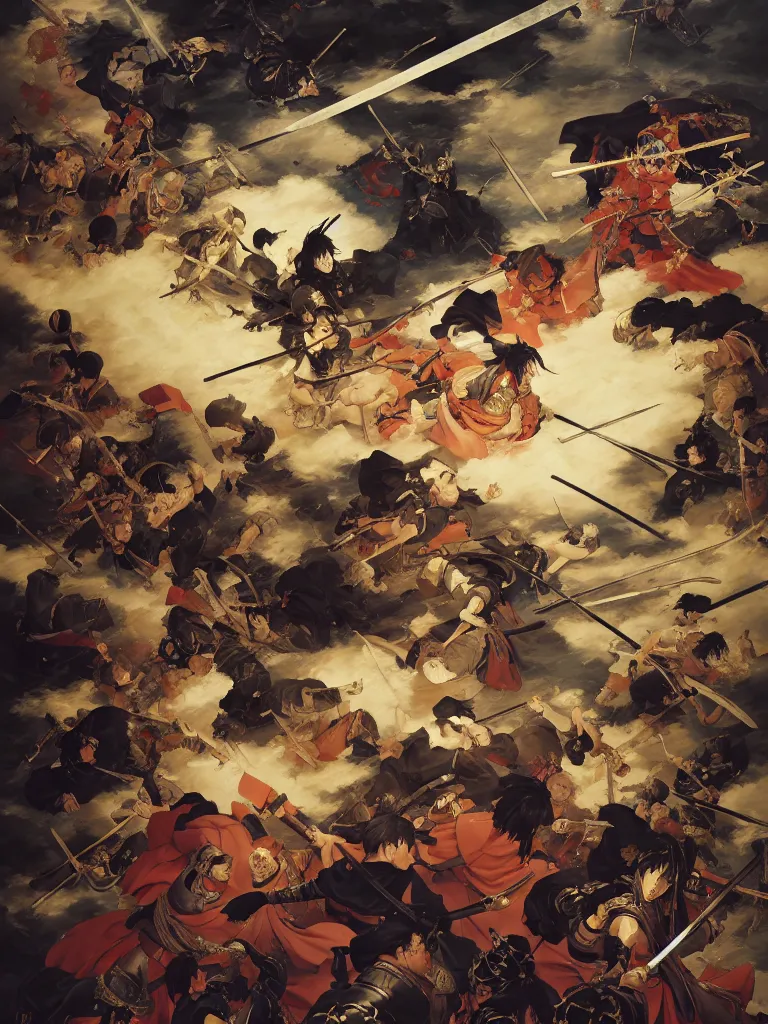 Image similar to baroque oil painting of key visual large scale samurai battle, brutalist fantasy, rule of thirds golden ratio, fake detail, trending pixiv fanbox, acrylic palette knife, style of makoto shinkai ghibli takashi takeuchi yoshiyuki sadamoto jamie wyeth james gilleard greg rutkowski chiho aoshima