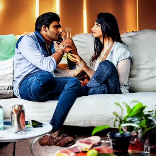 Image similar to indian guy and swedish girl drinking gin and tonics on the couch