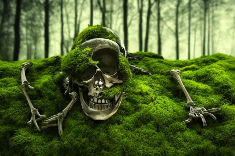 Image similar to human skeleton behind computer overgrown with moss, in forest, dark atmosphere, fanstasy, digital art, very realistic, trending on artsstation, very detailed