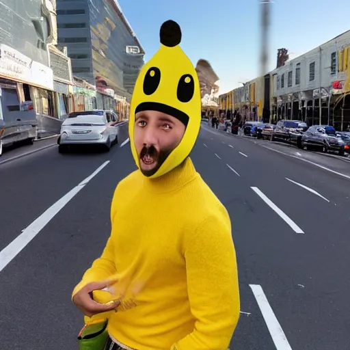 Image similar to photo of a man wearing a banana hat