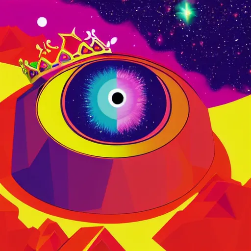 Prompt: a glowing colorful minimal elegant crown sitting on a table with one beautiful eye on top of it like a jewel, one pupil in the eye, shining stars on top of the crown, night time, vast cosmos, geometric light rays exploding outwards into stars, bold black lines, flat colors, minimal psychedelic 1 9 5 0 s poster illustration
