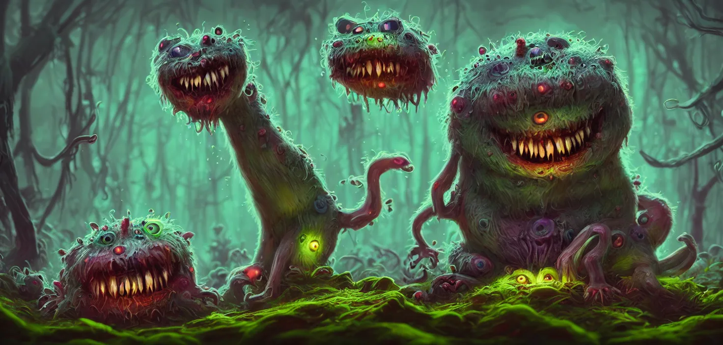 Prompt: intricate colourful murky with strange cute friendly angry crazy fluffy ball creatures with huge beauty eyes long tongue triangle teeth and scary face appearing from the forest, in the style of craola, shallow depth of field, highly detailed, digital painting, trending artstation, concept art, illustration, cinematic lighting, vibrant colors, photorealism, epic, octane render